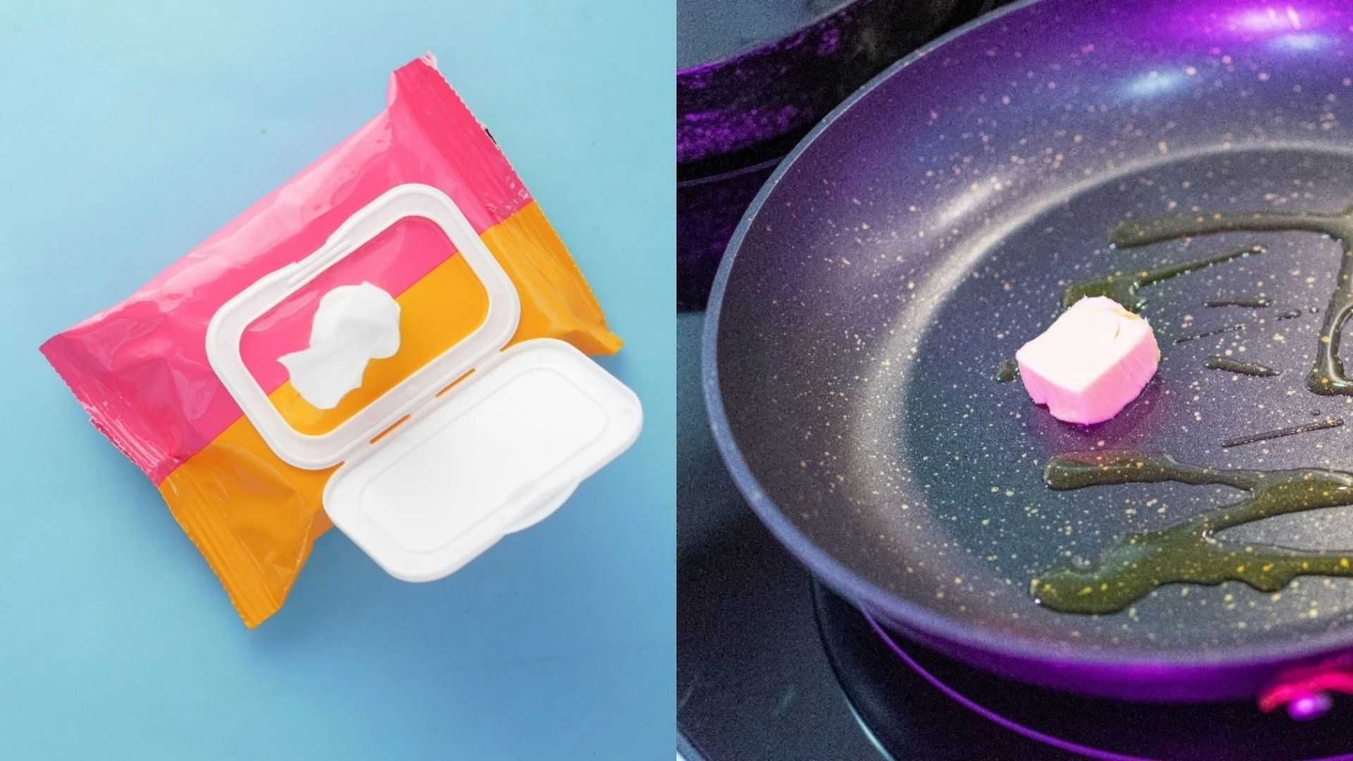 Side‑by‑side image showing a pack of household wipes on a blue surface and a nonstick pan with a small pink block melting in oil, illustrating wipes being improperly used in cooking.