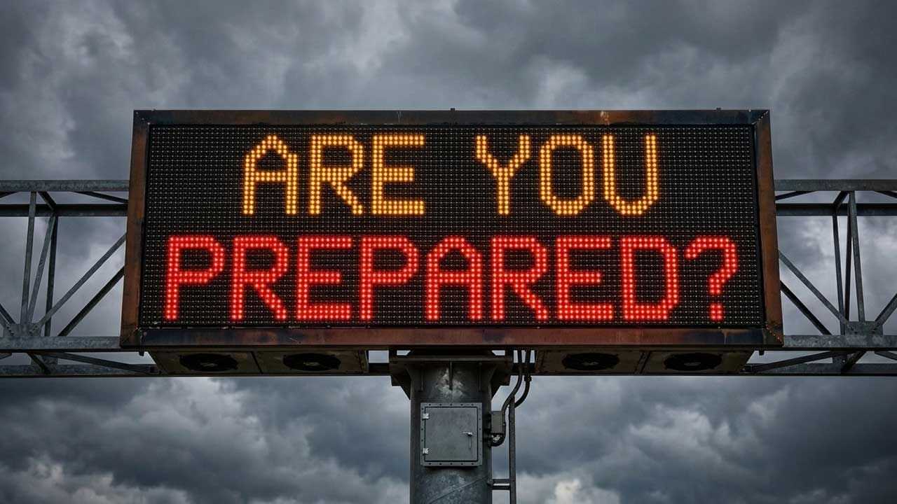 Family prepares for hurricane season by boarding windows, checking supplies, and organizing emergency kits outside a home under stormy skies.