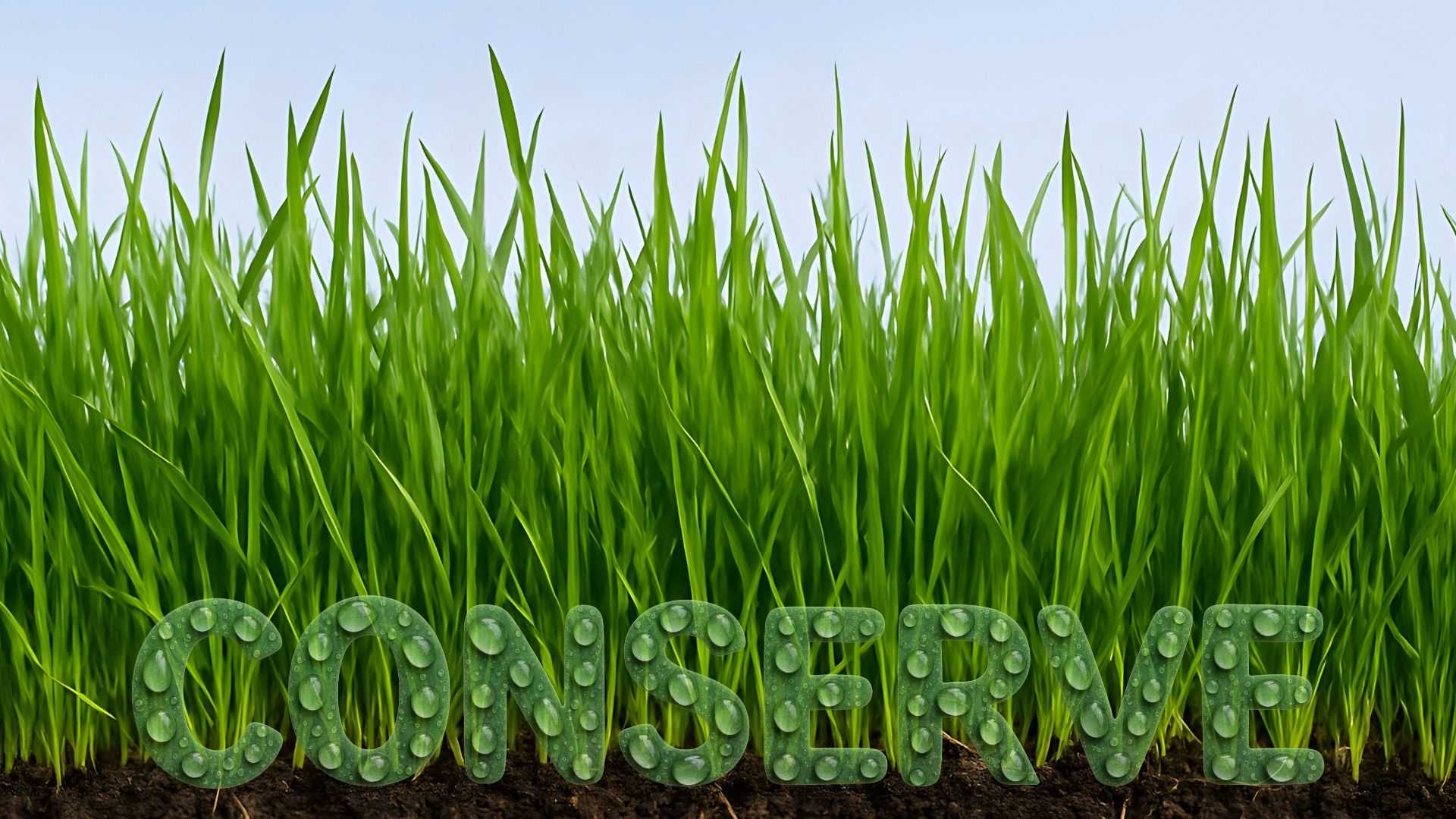 Long green blades of grass on soil with the word "conserve" covered in rain drops