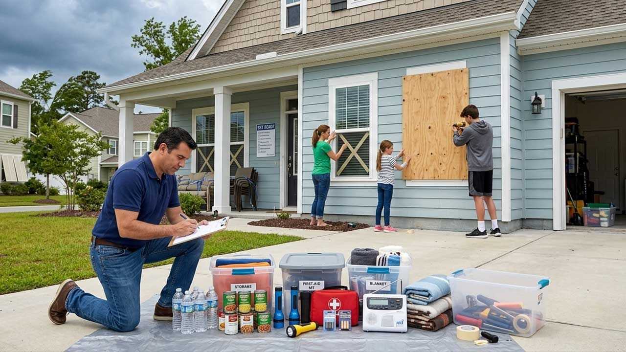 Family prepares for hurricane season by boarding windows, checking supplies, and organizing emergency kits outside a home under stormy skies.