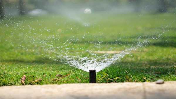 A water sprinkler head in the foreground sprays a wide, fan-like mist of water across a vibrant green lawn. A concrete edge is visible at the bottom, and the background is softly blurred.